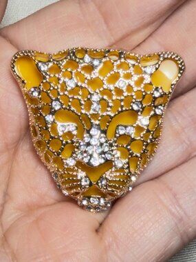Jaguar Face Brooch Orange Resin Openwork Leopard Head Gold Tone 1.65"